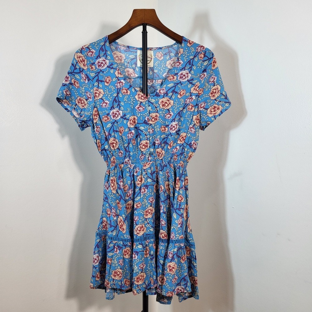 Sunday Mi Amor Floral Mini Dress Blue Pink Smocked Waist Ruffle Lace Trim Small